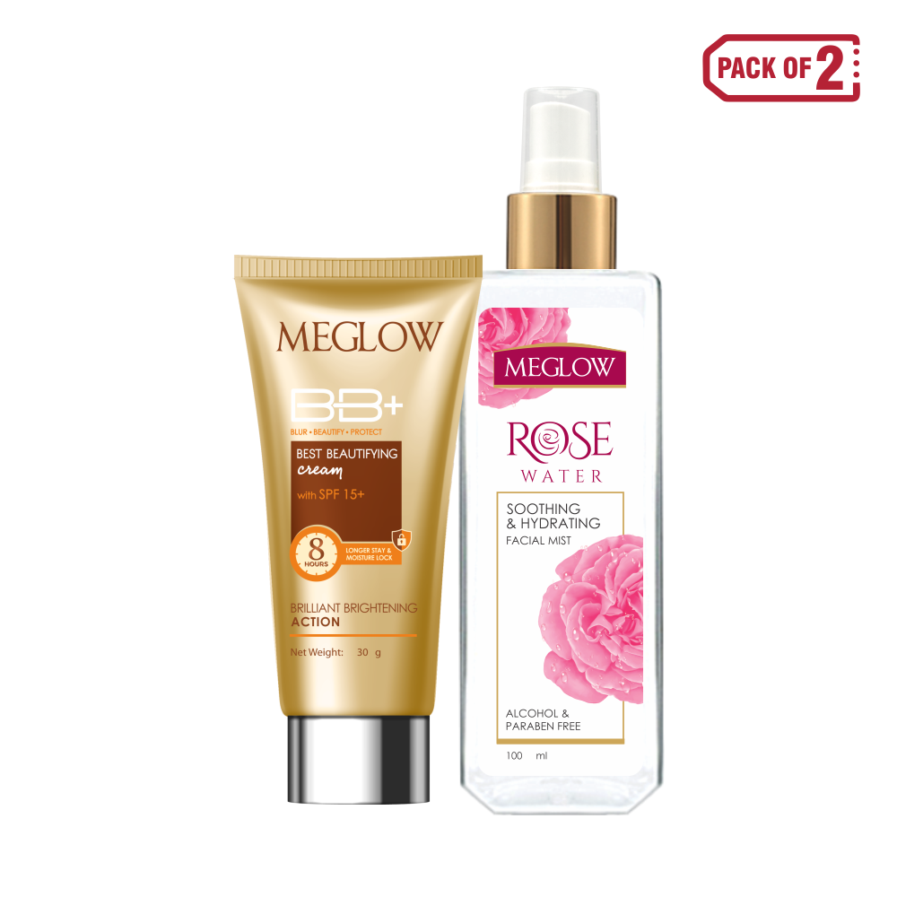 Meglow BB+ Best Beautifying Cream 30g & Rose Water Toner Spray, 100ml - Combo Pack