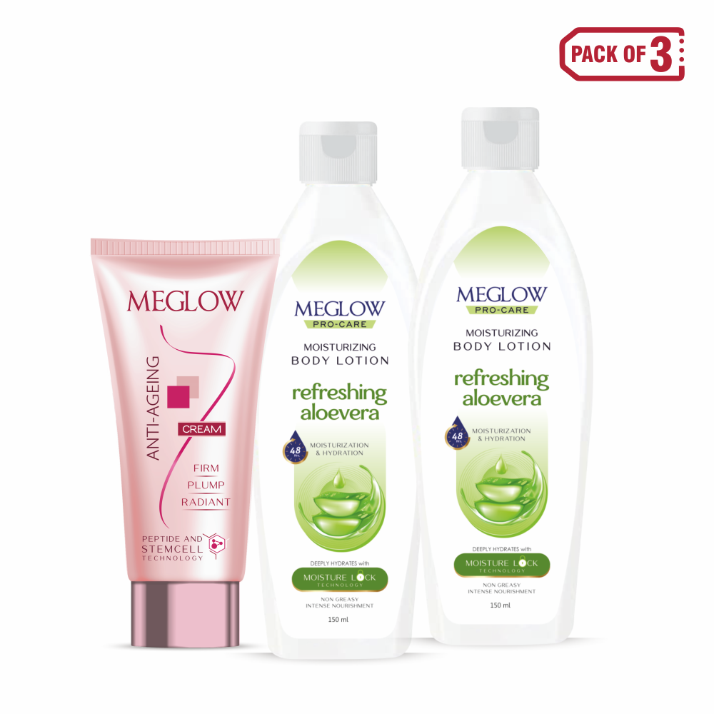 Meglow Skin Care Combo - 2 Refreshing Aloe Vera Body Lotion 150ml and Anti Ageing Cream 30g - Pack of 3