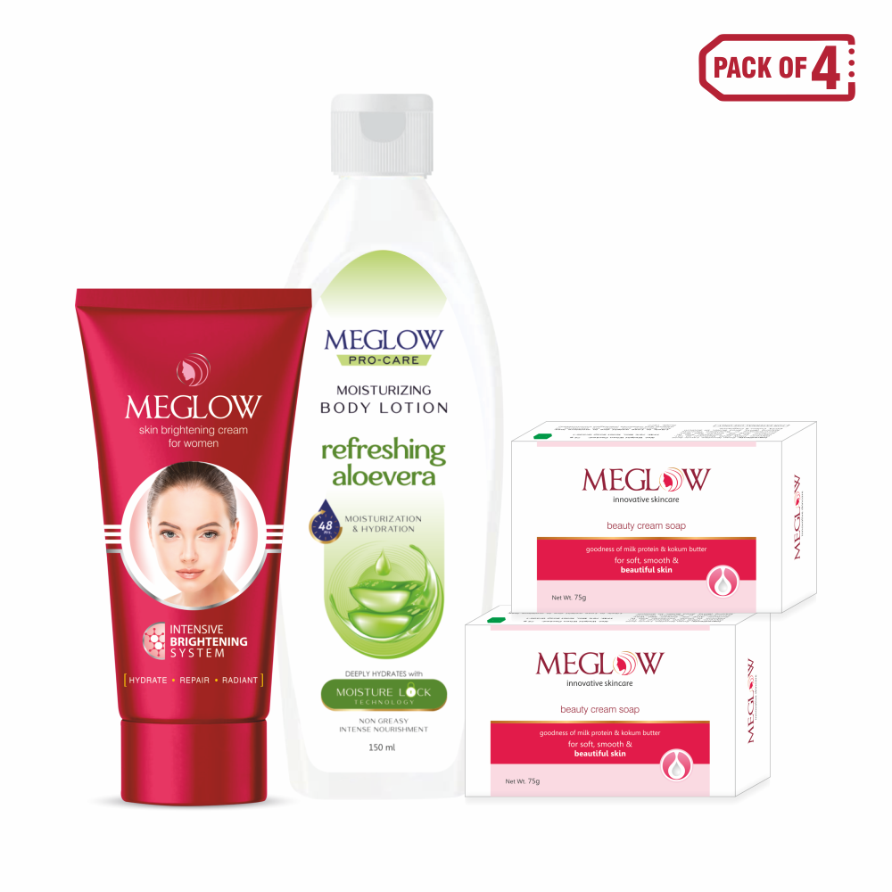 Meglow Women's Beauty Combo - Skin Brightening Cream 50g, (2) Beauty Soap 75g, Aloevera Body Lotion 150ml - Pack of 4