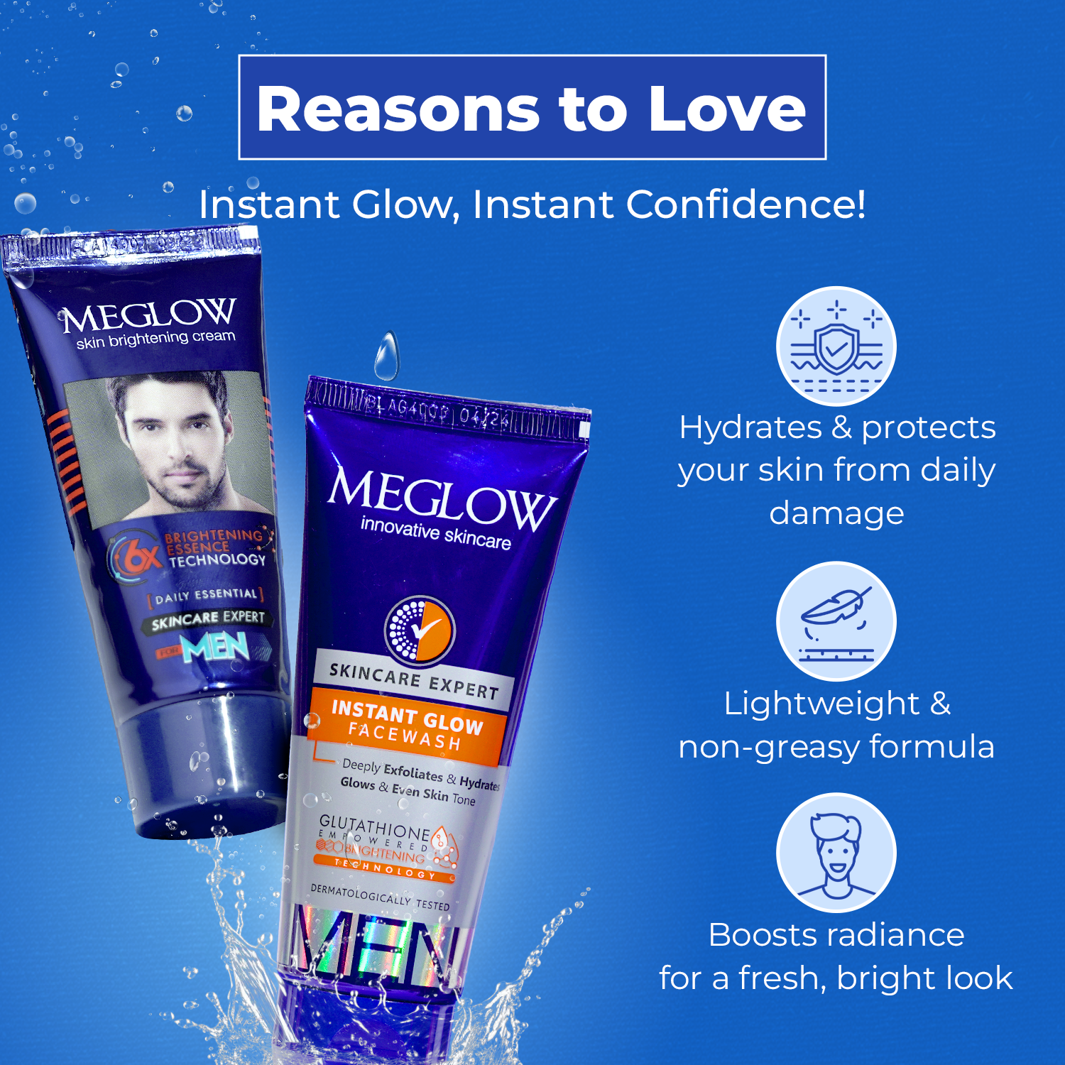 Essentials of Excellence: Meglow Men's Instant Glow Facewash 70 gms & Brightening Cream 50 gms