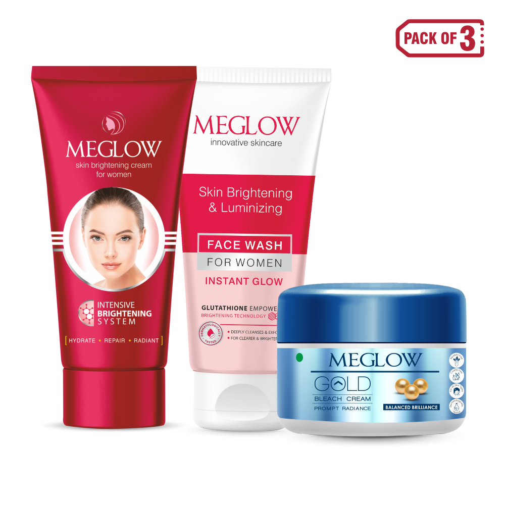 Meglow Skin Care Combo - Gold Bleach 50g, Fairness Cream 50g, Face Wash 70g- Pack of 3