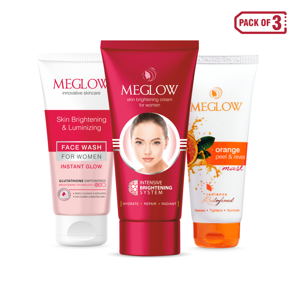 Meglow Skin Care Combo for Women - Skin Brightening Cream 30g , Instant Glow Face Wash 70g and Orange Peel & Reveal Mask 70g- Pack of 3