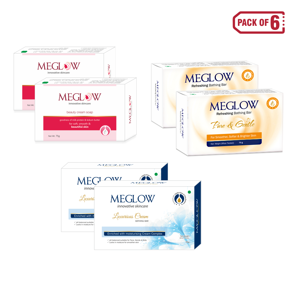 Meglow Soap Combo Pack of 6 (75g) - Refreshing, Beauty Bar and Luxurious Cream Soap (2pcs Each)