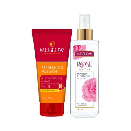 Meglow Refreshing Facewash for Men & Women 70g & Rose Water Toner Spray , 100ml - Combo Pack