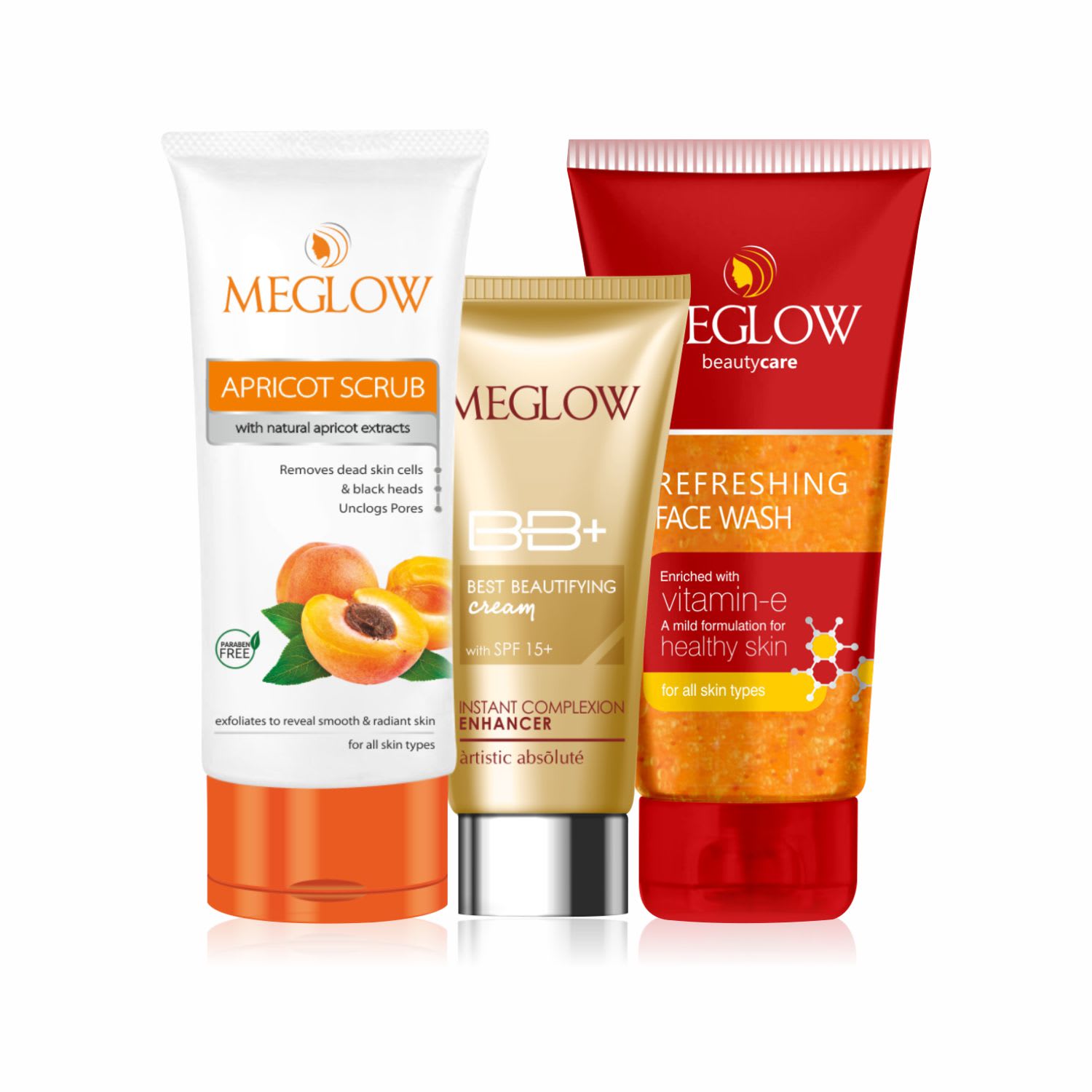 Meglow Skin Care Combo for Women - Bb+ Cream 30g , Refreshing Face Wash 70g and Apricot Scrub 70g- Pack of 3